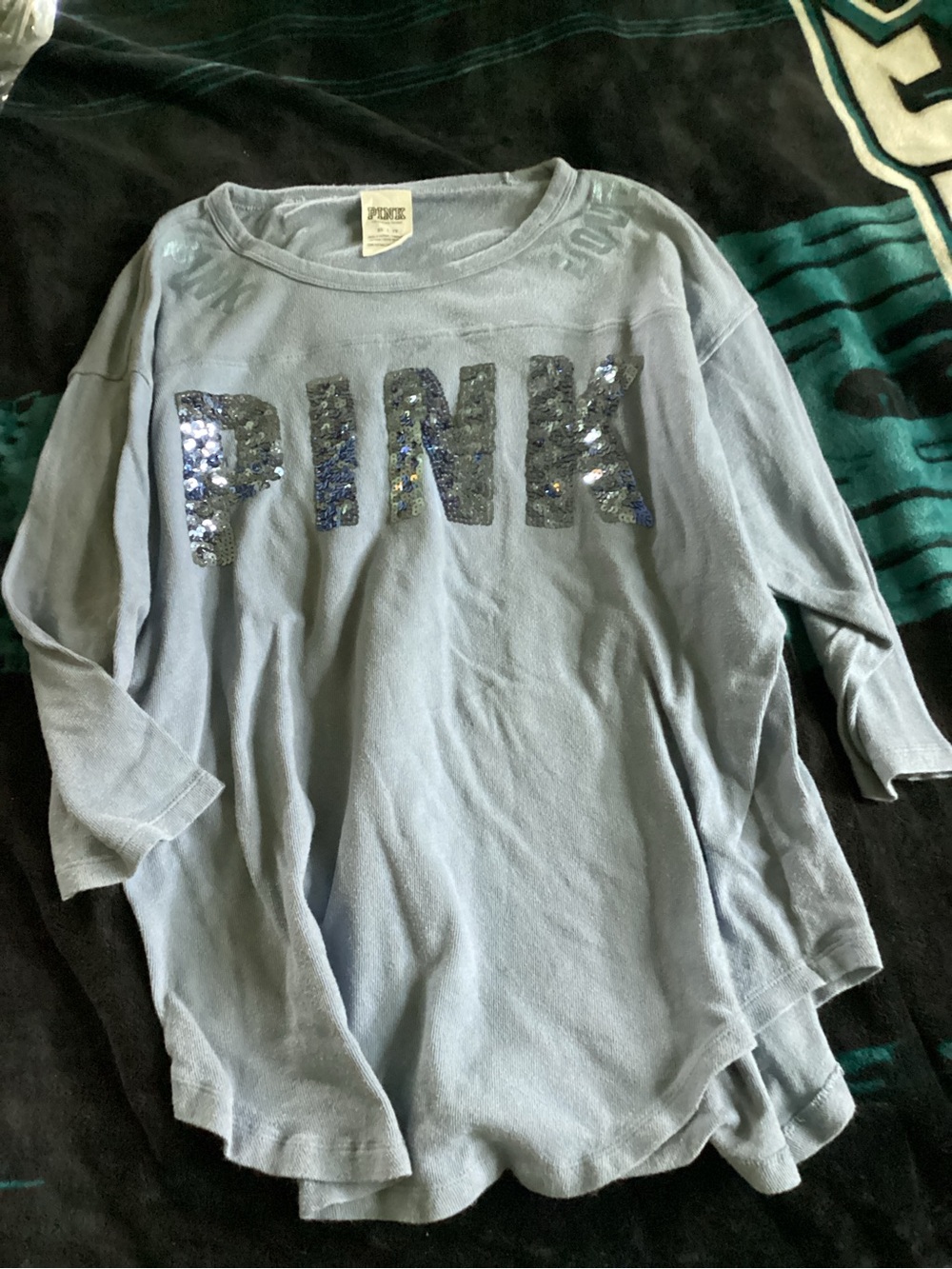 PINK Victoria's Secret Light Blue Long Sleeve Sequin Logo Top